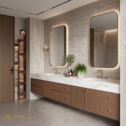 76''-96'' Double Bathroom Vanity with Sink Modern Ridge Panel Wood Texture Illuminated