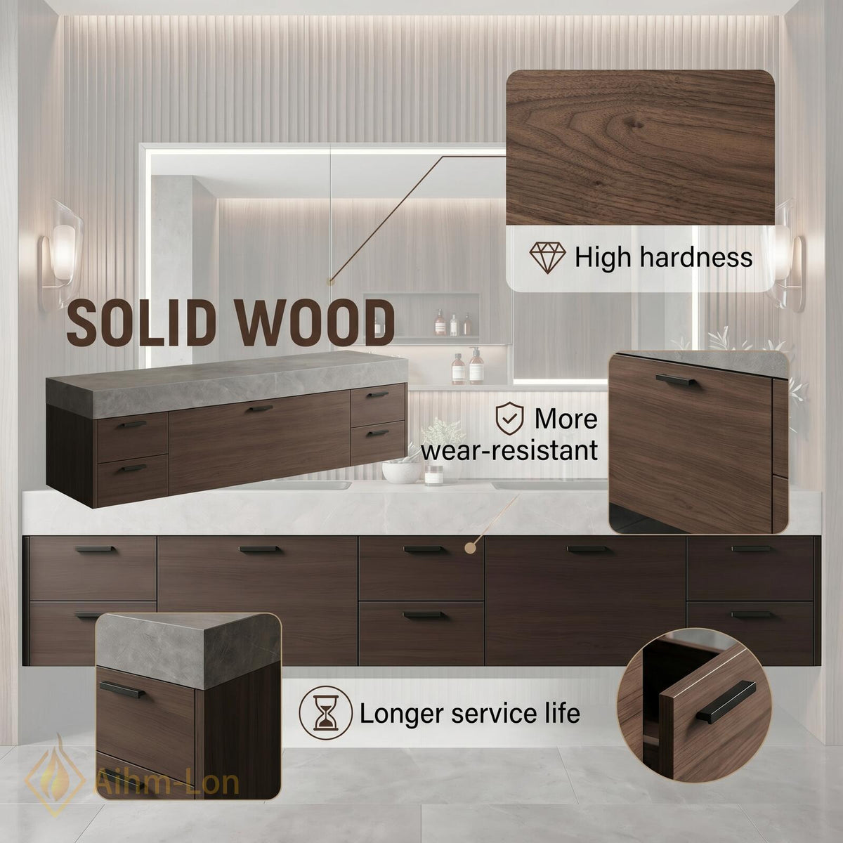 60''-96'' Double Bathroom Vanity with Sink Geometric Slatted Doors Dark Stone Countertop