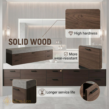 60''-96'' Double Bathroom Vanity with Sink Geometric Slatted Doors Dark Stone Countertop