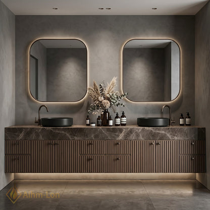 78''-96'' Double Bathroom Vanity with Sink Floating Vessel Dark Wood Slat Doors