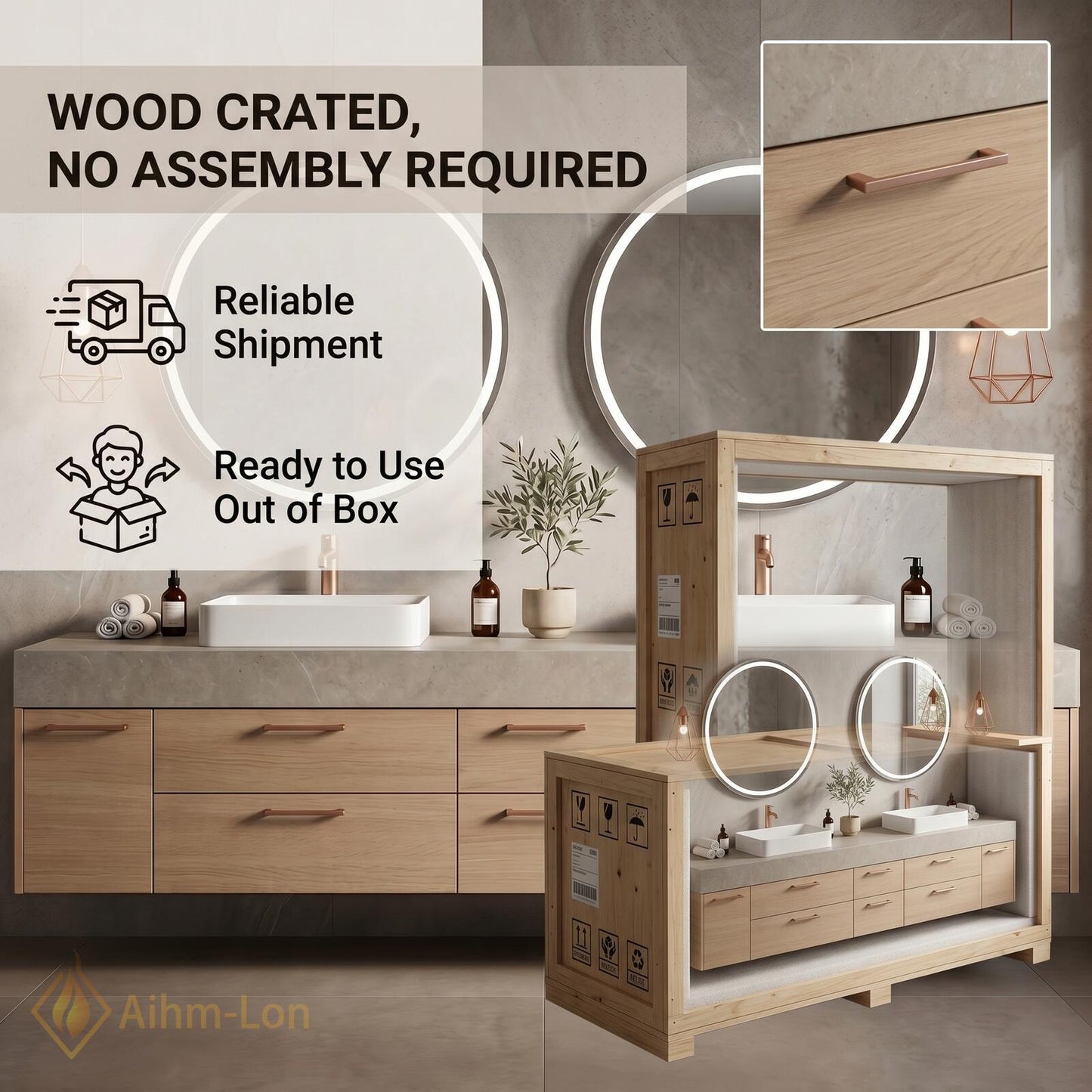 70''-96'' Double Bathroom Vanity with Sink Natural-Wood Modern Floating Drawer Storage