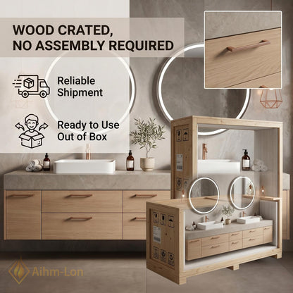 70''-96'' Double Bathroom Vanity with Sink Natural-Wood Modern Floating Drawer Storage