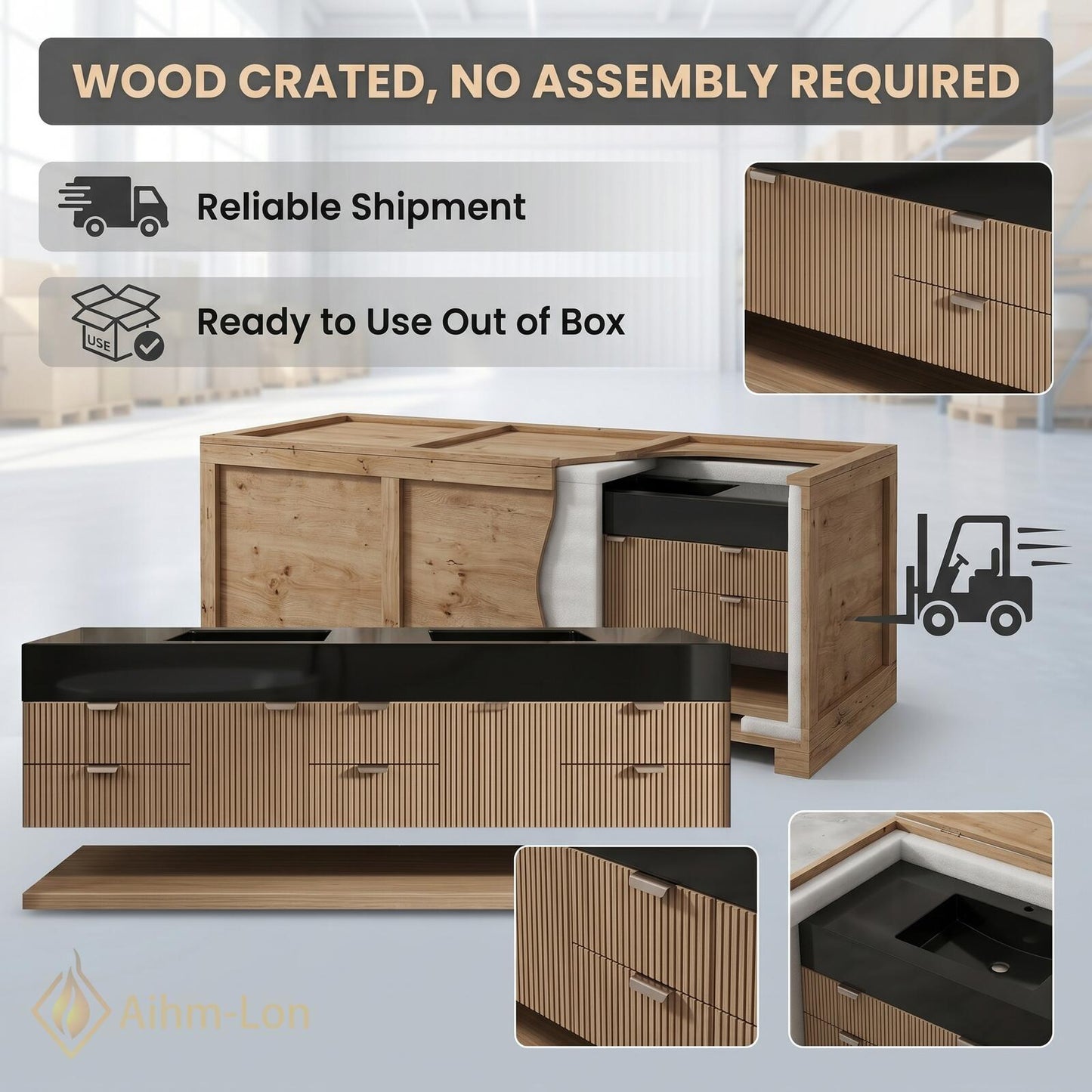 78''-96'' Modern Floating Double Bathroom Vanity with Sink Wood Grain Slatted Drawer