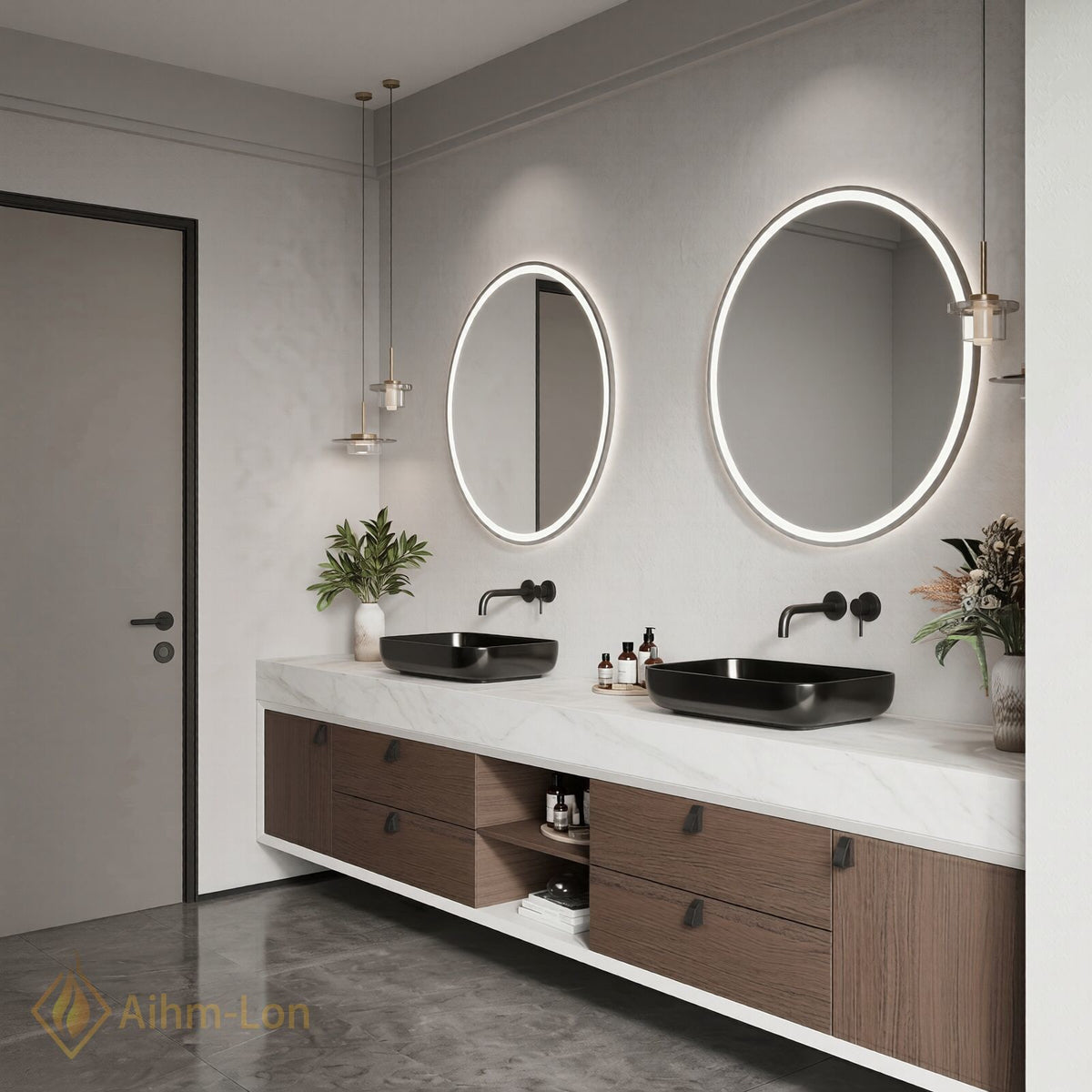 60''-96'' Double Bathroom Vanity with Sink White Marble Top Open Shelving Center