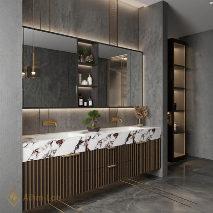 60''-96'' Double Bathroom Vanity with Sink Modern Floating Dark Walnut Slatted Center