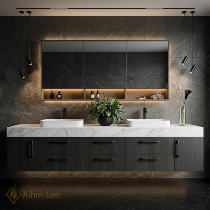 72''-96'' Double Bathroom Vanity with Sink White Modern Floating Marble-Top Large