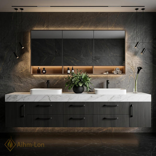 72''-96'' Double Bathroom Vanity with Sink White Modern Floating Marble-Top Large