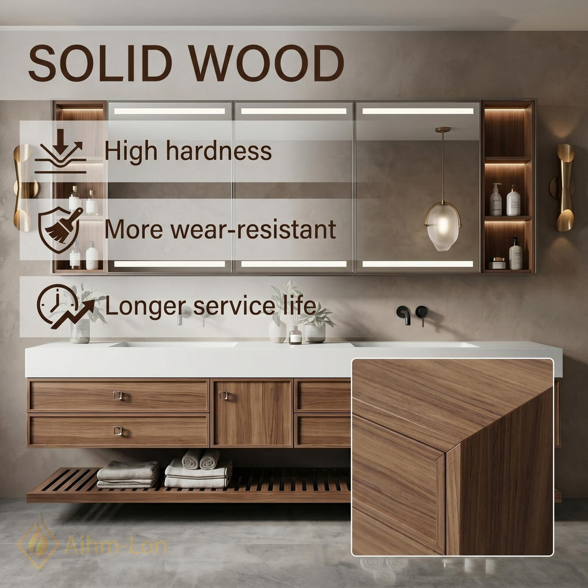 60''-96'' Double Bathroom Vanity with Sink Modern Floating Warm Wood Finish Open