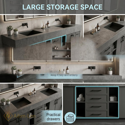 60''-96'' Double Bathroom Vanity with Sink Industrial Gray Matte Finish Open Shelving