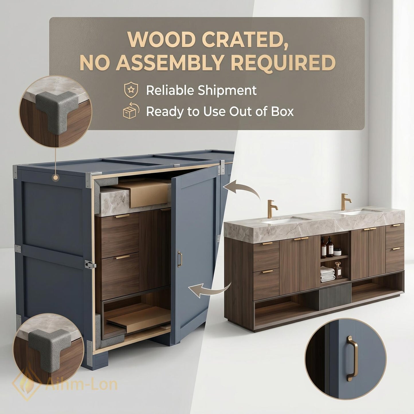 70''-96'' Double Bathroom Vanity with Sink Modern Marble Textured Top Slatted Panel