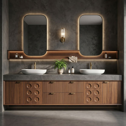 70''-96'' Double Bathroom Vanity with Sink Deep Groove Panels Open Wood Shelves