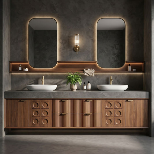 70''-96'' Double Bathroom Vanity with Sink Deep Groove Panels Open Wood Shelves