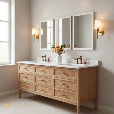 72''-96'' Classic Bathroom Vanity with Sink Oak Nine Drawers Tapered Leg Cabinet