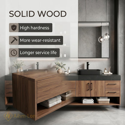 72''-96'' Double Bathroom Vanity with Sink Dark-Walnut Modern Slatted-Panel Finish