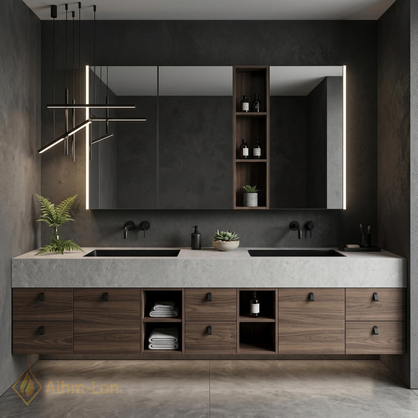 70''-96'' Double Bathroom Vanity with Sink Modern Floating Grey Stone Top Shelving