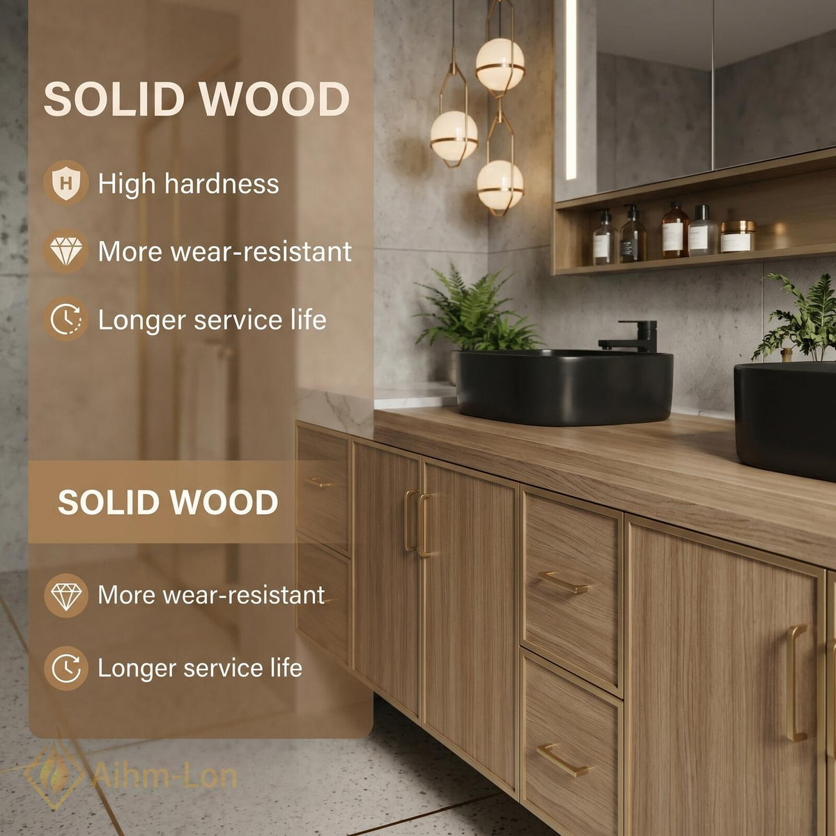 60''-96'' Bathroom Vanity with Sink Modern Floating Marble Top Light Wood Frame