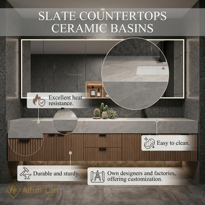 78''-96'' Modern Double Bathroom Vanity with Sink Floating Dark Wood Marble-Like Stone