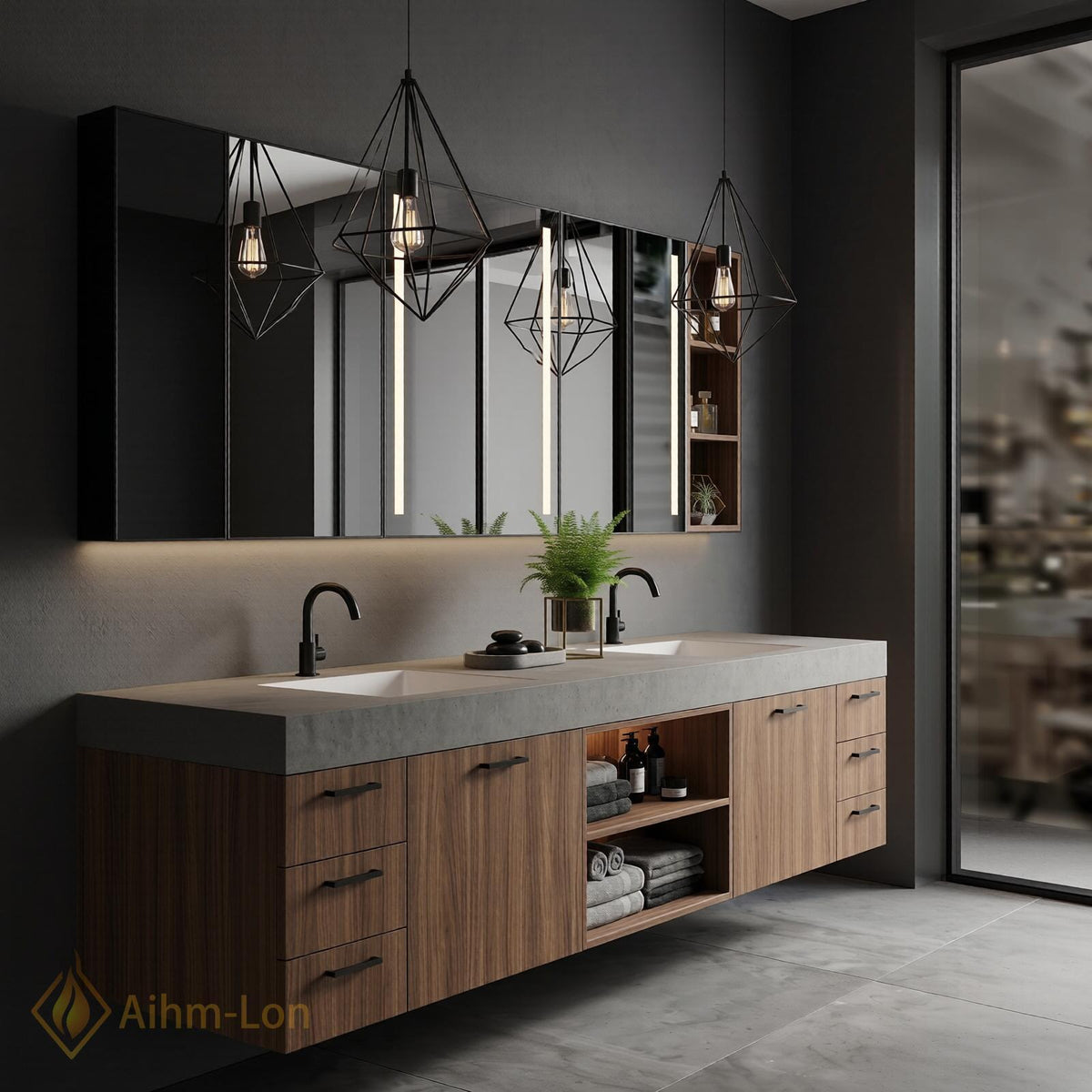 60''-96'' Double Bathroom Vanity with Sink Modern Floating Basin Walnut Finish Slatted