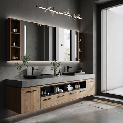 60''-96'' Double Bathroom Vanity with Sink Floating Light Oak Wood Grey Textured Stone