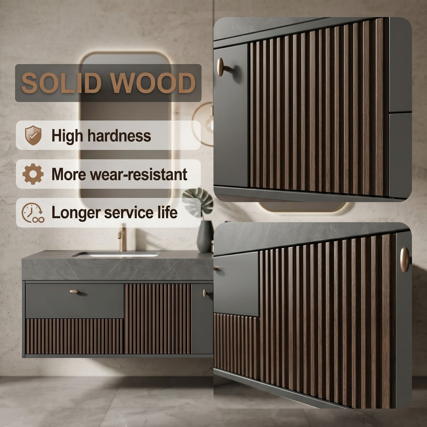 60''-96'' Modern Bathroom Vanity with Sink Double Sink Dark Textured Stone Floating Cabinet