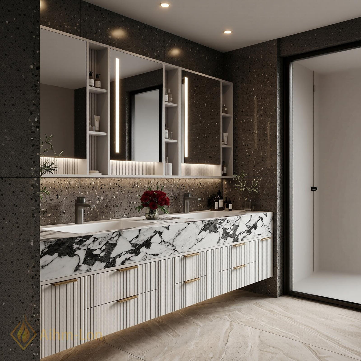 60''-96'' Double Bathroom Vanity with Sink Vertical Slatted Front Warm Wood Tone