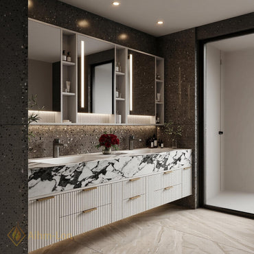 60''-96'' Double Bathroom Vanity with Sink Vertical Slatted Front Warm Wood Tone