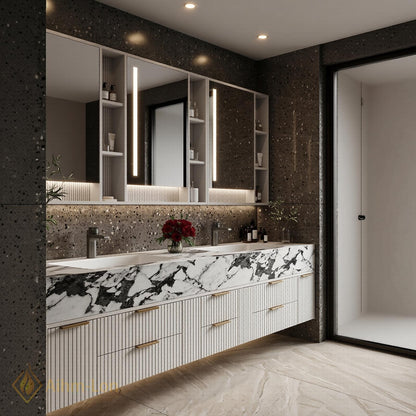60''-96'' Double Bathroom Vanity with Sink Vertical Slatted Front Warm Wood Tone