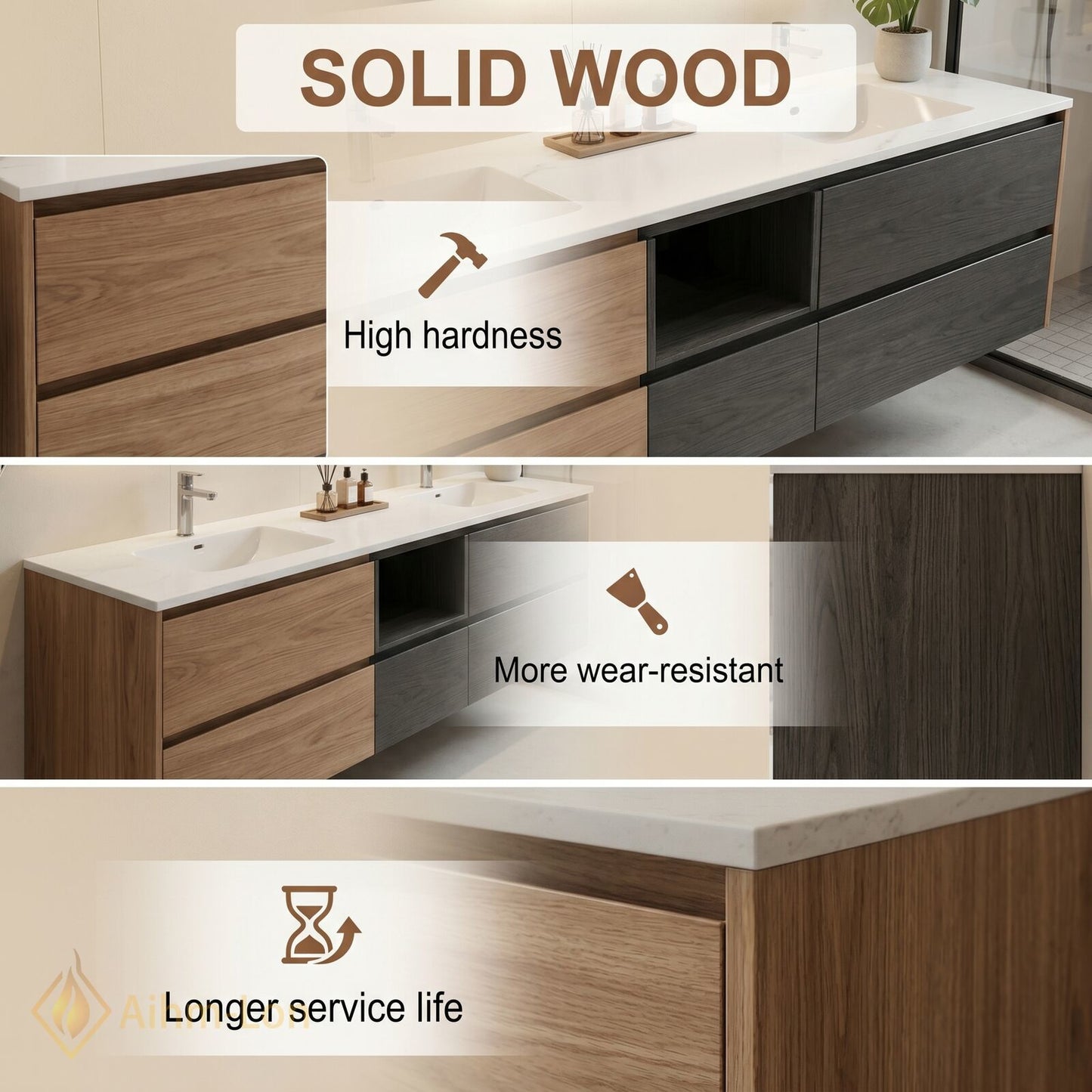 60''-96'' Floating Bathroom Vanity with Sink Double Sink Integrated Wood Texture Cabinet