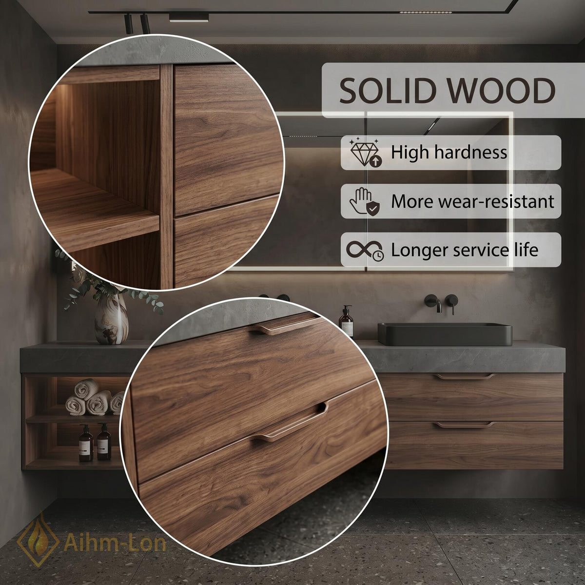 60''-96'' Double Bathroom Vanity with Sink Modern Floating Walnut Finish Slatted Panel