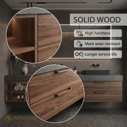 60''-96'' Double Bathroom Vanity with Sink Modern Floating Walnut Finish Slatted Panel