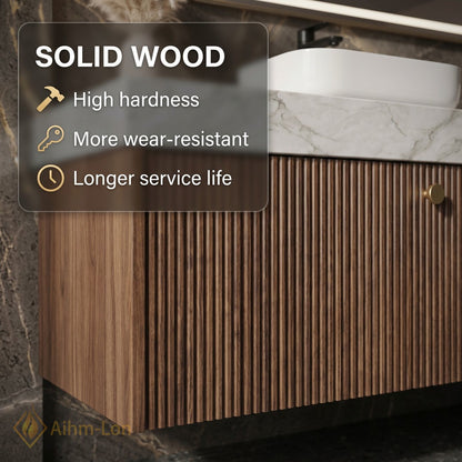 70''-96'' Double Bathroom Vanity with Sink Modern Slatted Wooden Panels Marble Vein