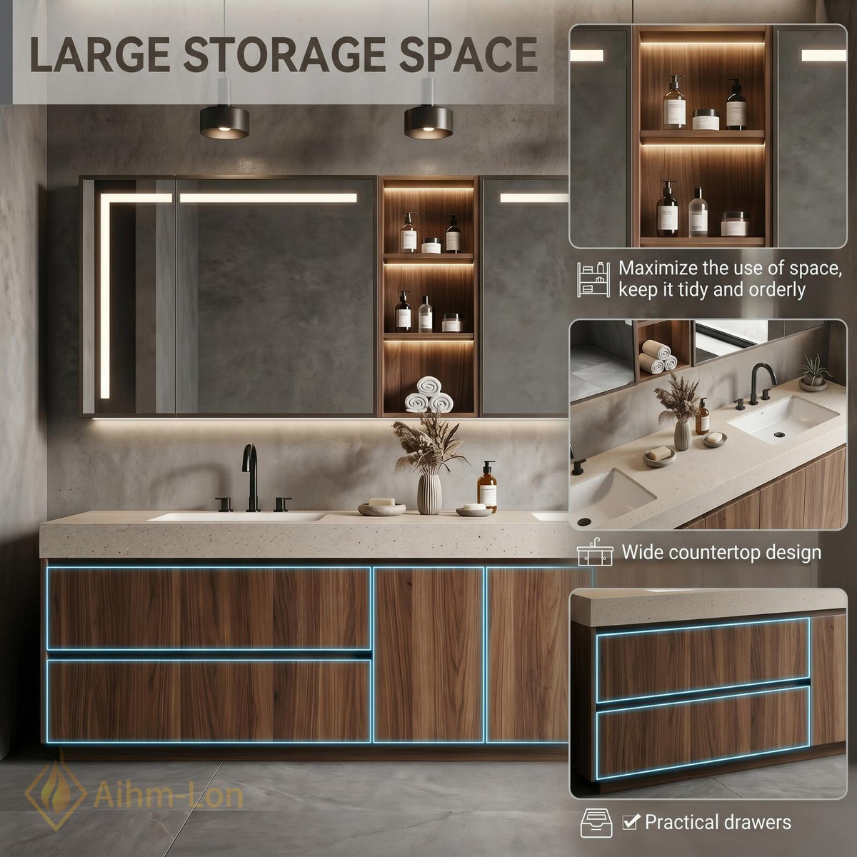 60''-96'' Double Bathroom Vanity with Sink Modern Warm Wood Finish Large Mirror