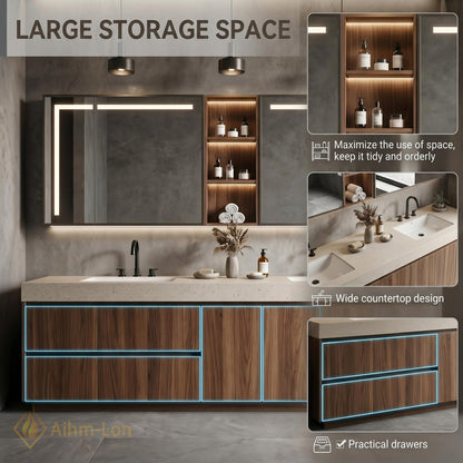 60''-96'' Double Bathroom Vanity with Sink Modern Warm Wood Finish Large Mirror
