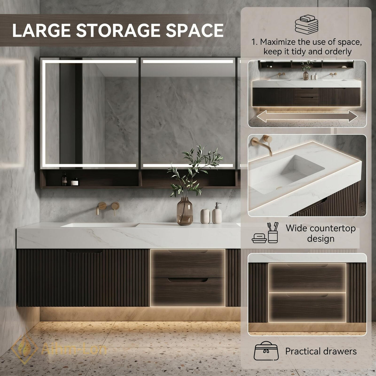 60''-96'' Bathroom Vanity with Sink Modern Floating Two Dark Walnut Finish Slatted