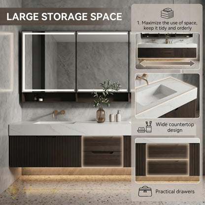 60''-96'' Bathroom Vanity with Sink Modern Floating Two Dark Walnut Finish Slatted