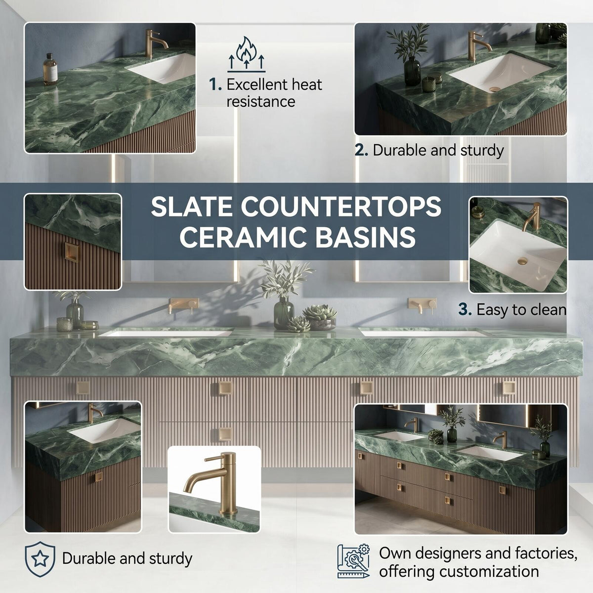 60''-96'' Double Bathroom Vanity with Sink Modern Green Marble Top Slatted Panels