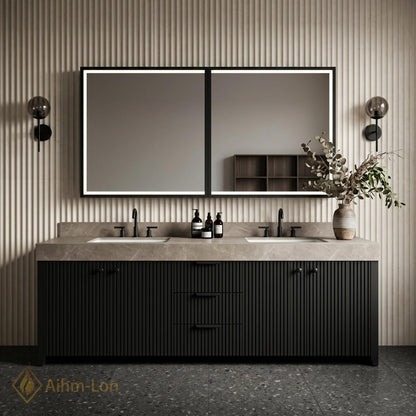 60''-96'' Double Bathroom Vanity with Sink Slatted Front Panel Stone Effect Top