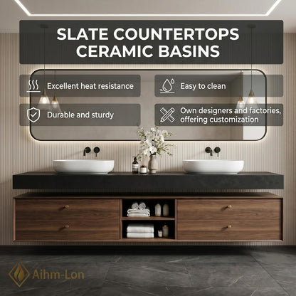 60''-96'' Double Bathroom Vanity with Sink Dark-Walnut Walnut Floating Modern Slatted Open-Shelving