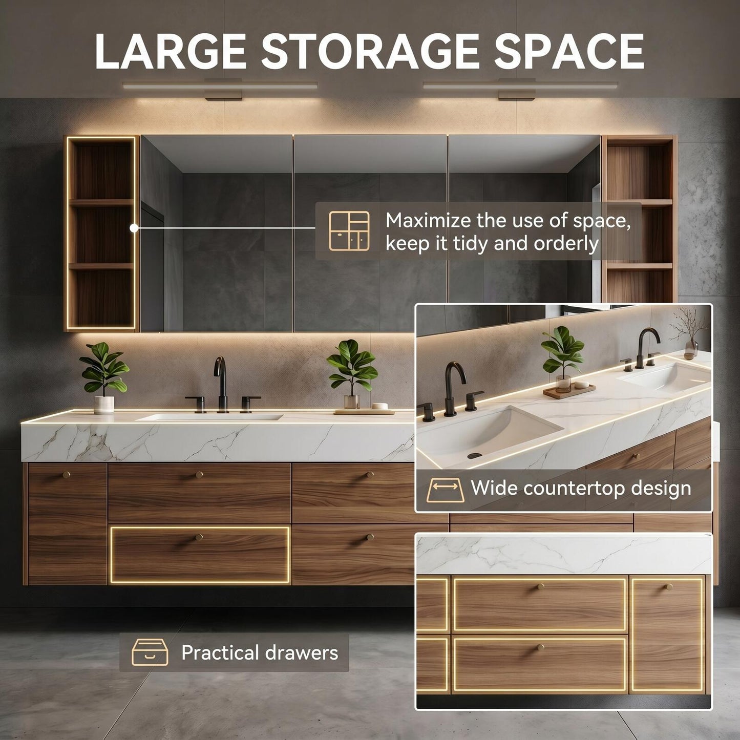 70''-96'' Floating Bathroom Vanity with Sink Double Sink Warm Wood Grain Marble Top Cabinet