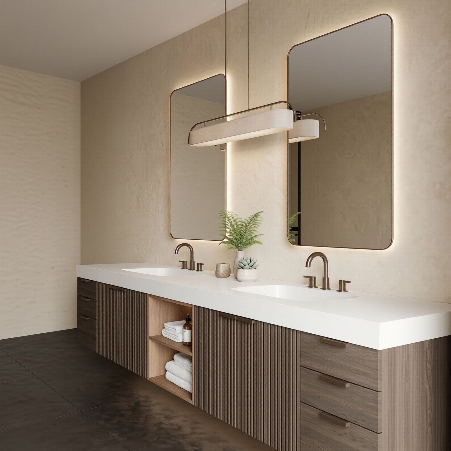 70''-96'' Modern Bathroom Vanity with Sink Vertical Ribbed Doors Solid Wood Cabinet