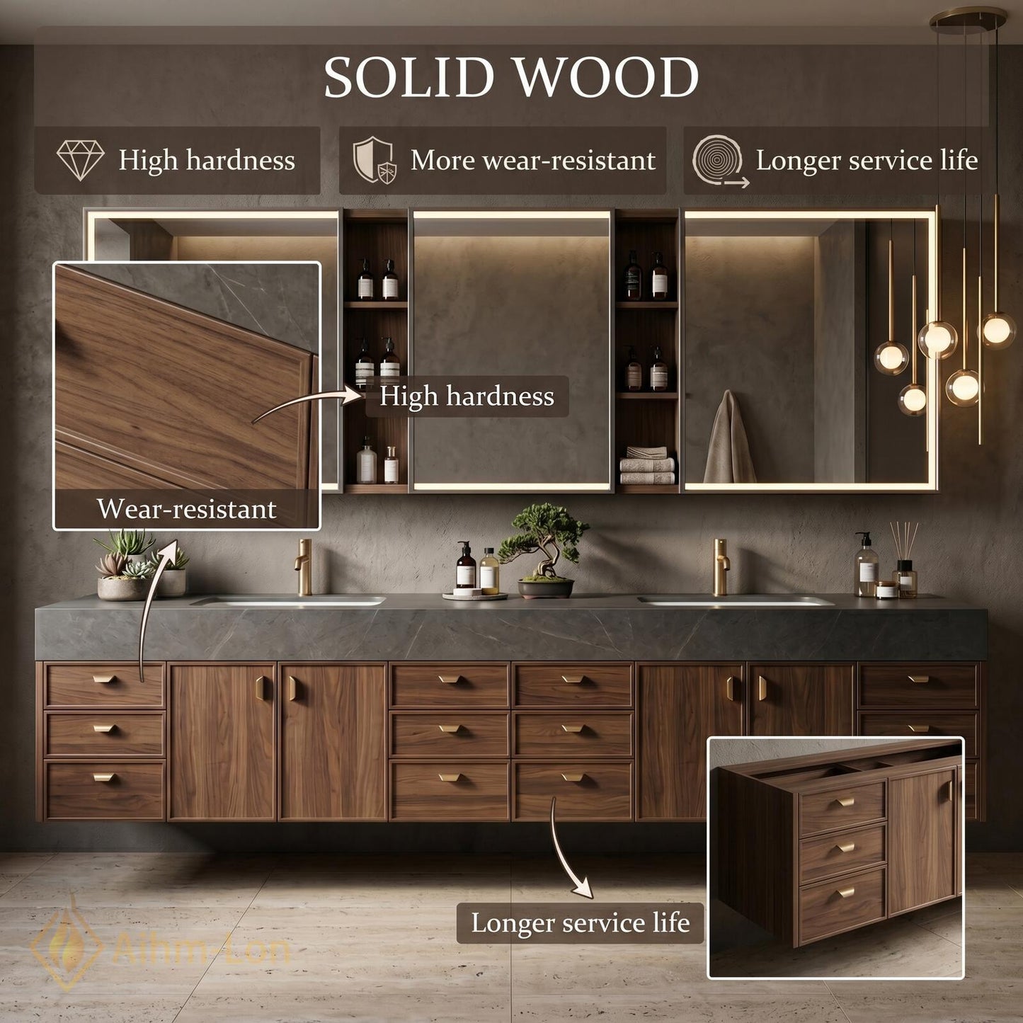 76''-96'' Modern Double Bathroom Vanity with Sink Dark Walnut Stone Top Shelving