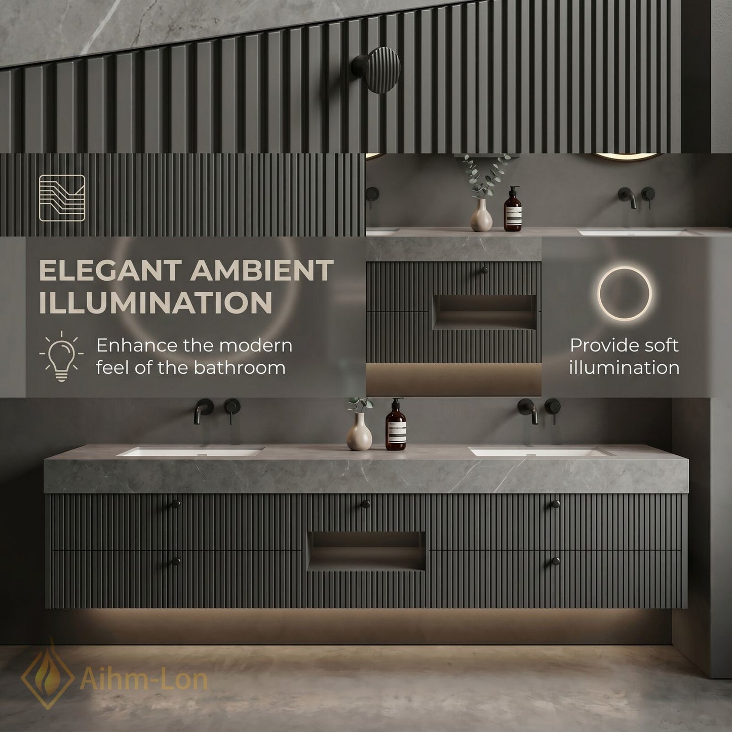 60''-96'' Double Bathroom Vanity with Sink Modern Units Ribbed Front Panels Stone