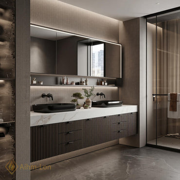 60''-96'' Double Bathroom Vanity with Sink Modern Floating Dark Walnut Slatted Front