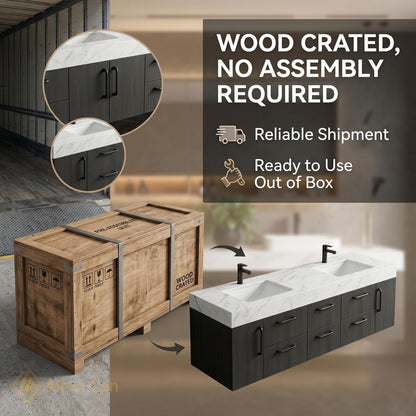 72''-96'' Double Bathroom Vanity with Sink White Modern Floating Marble-Top Large