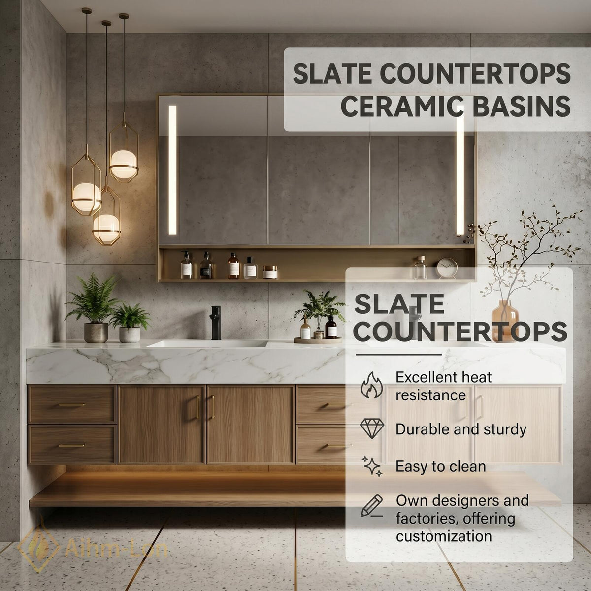 60''-96'' Bathroom Vanity with Sink Modern Floating Marble Top Light Wood Frame