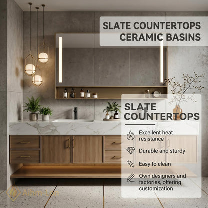 60''-96'' Bathroom Vanity with Sink Modern Floating Marble Top Light Wood Frame