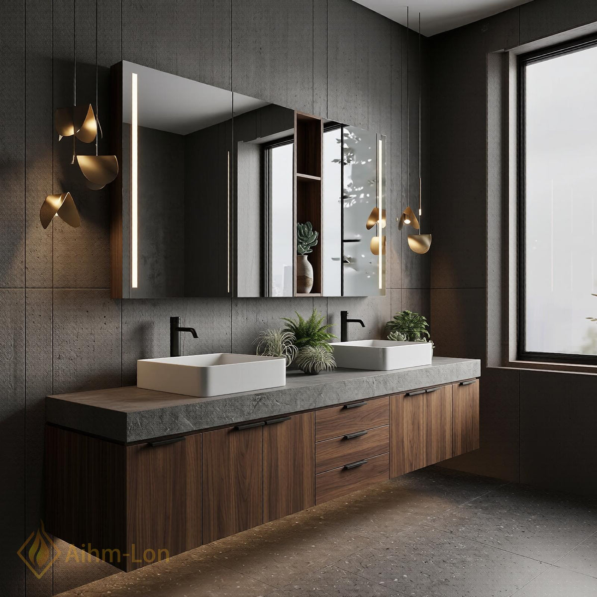 60''-96'' Double Bathroom Vanity with Sink Stone Slab Deep Drawer Charcoal Finish