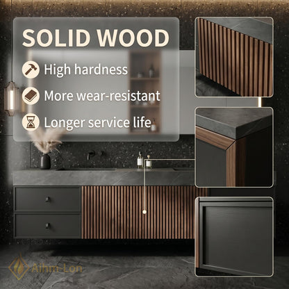 60''-96'' Double Bathroom Vanity with Sink Sleek Dark Grey Stone Central Slatted