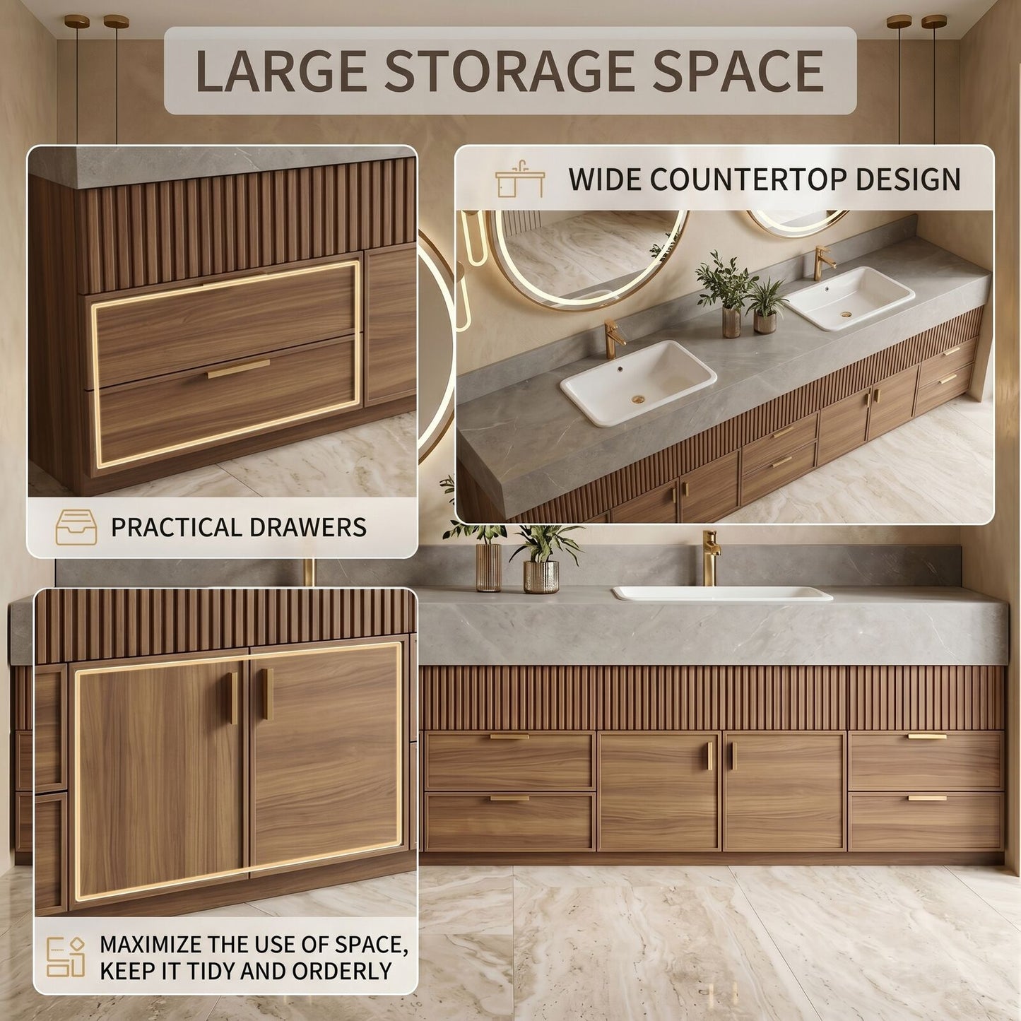 78''-96'' Modern Bathroom Vanity with Sink Double Sink Ribbed Texture Warm Wood Grain Cabinet