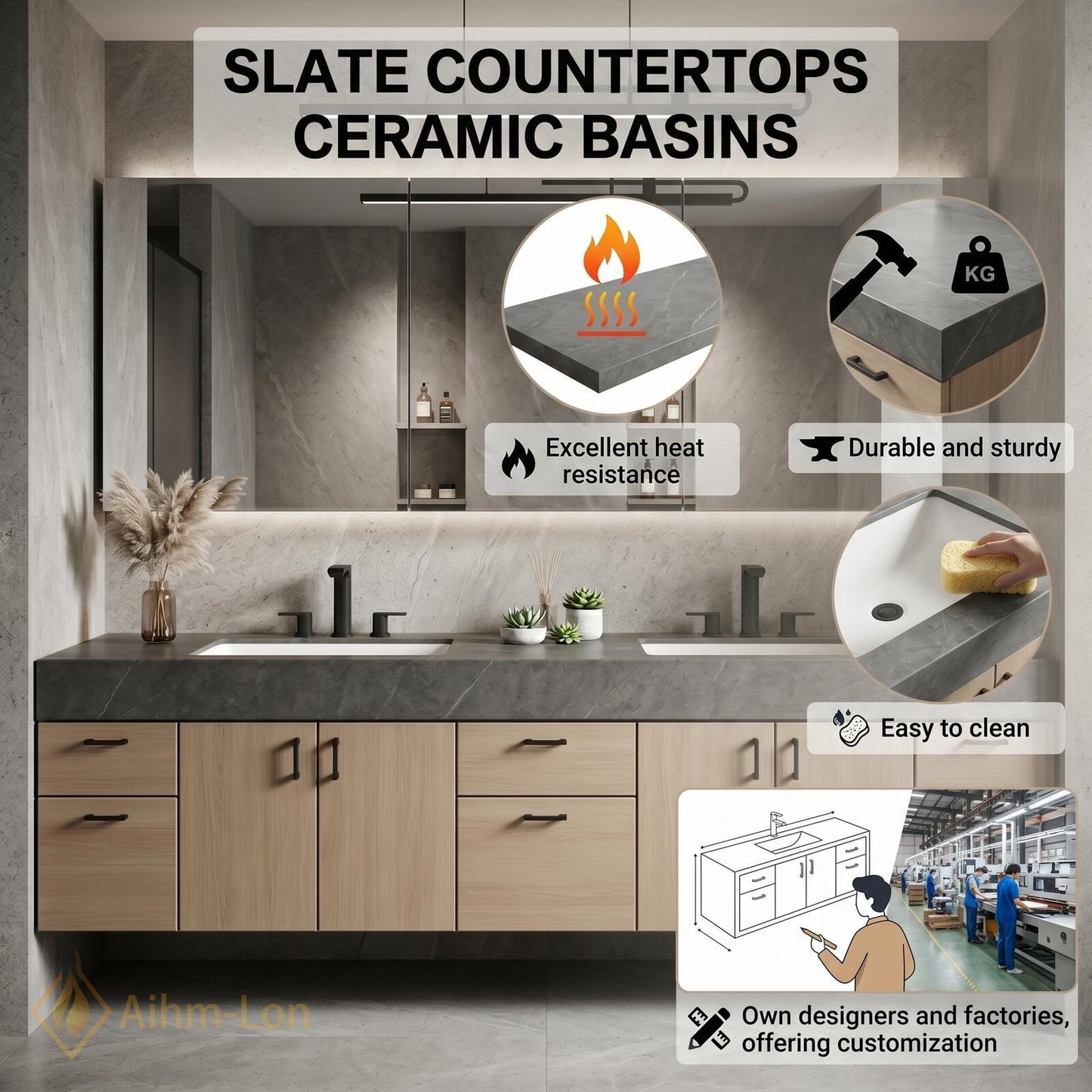 70''-96'' Double Bathroom Vanity with Sink Elegant Floating Charcoal Quartz Top Grain